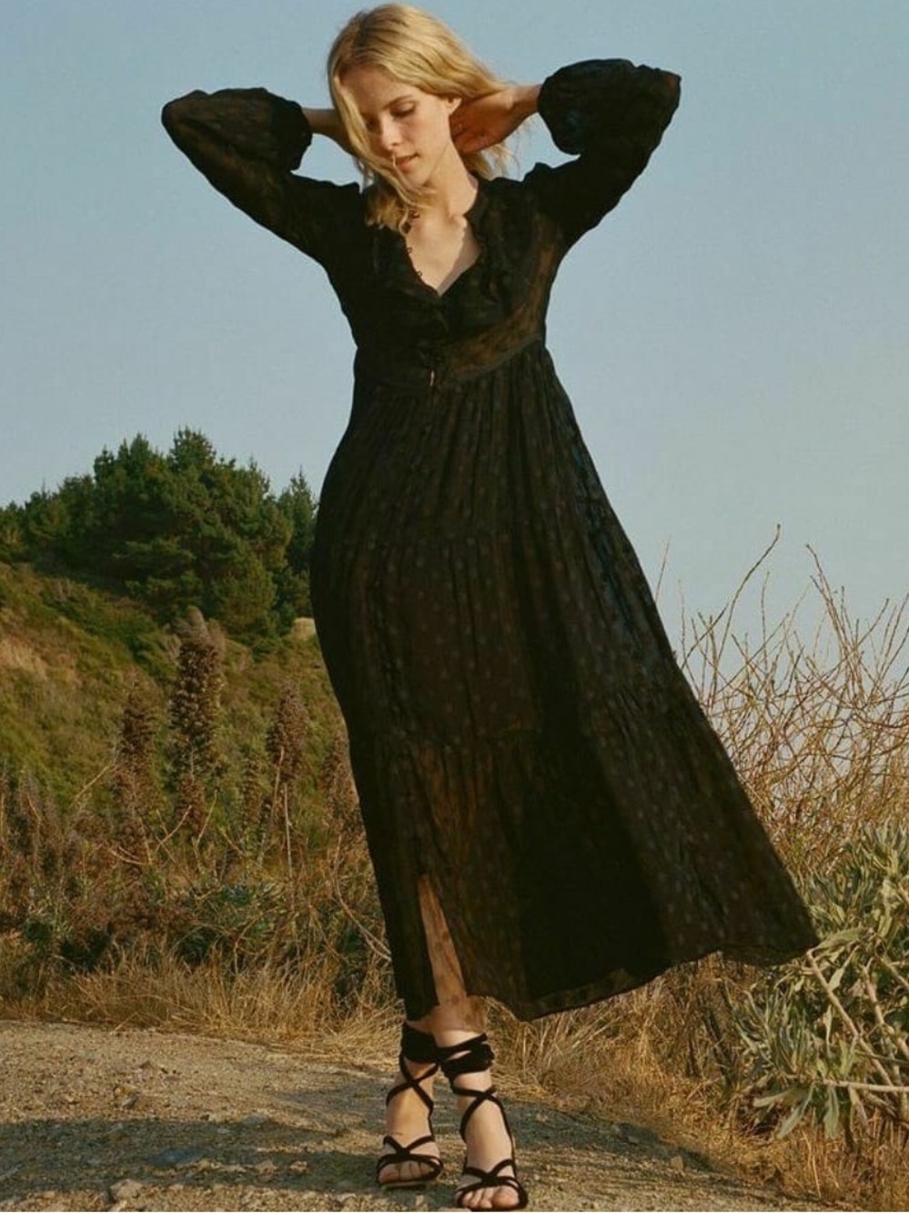 Doen Tiered Black Sheer Long Dress with Ruffle V-Neck XS Dôen Faye dress